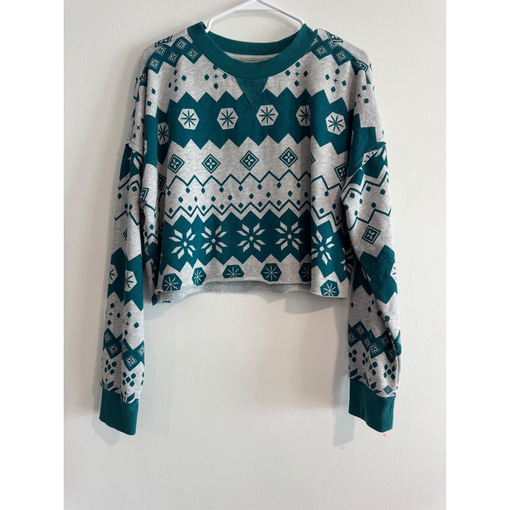 Colsie Fair Isle Cropped Sweatshirt Womens L Teal Gray Snowflake Fleece Lining